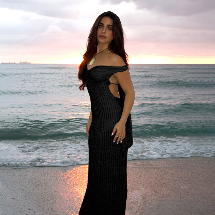 Black Off-Shoulder Textured Beach Dress