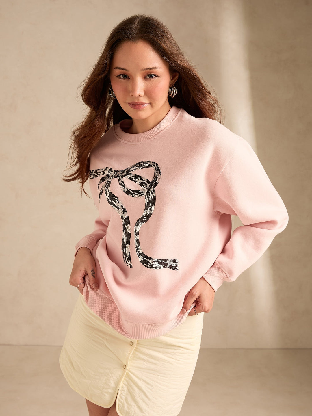 Pink Sequined Bow-Detail Russian Fleece Sweatshirt
