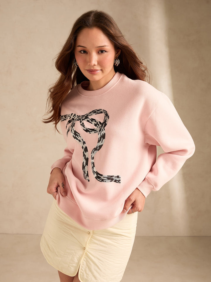 Pink Sequined Bow-Detail Russian Fleece Sweatshirt