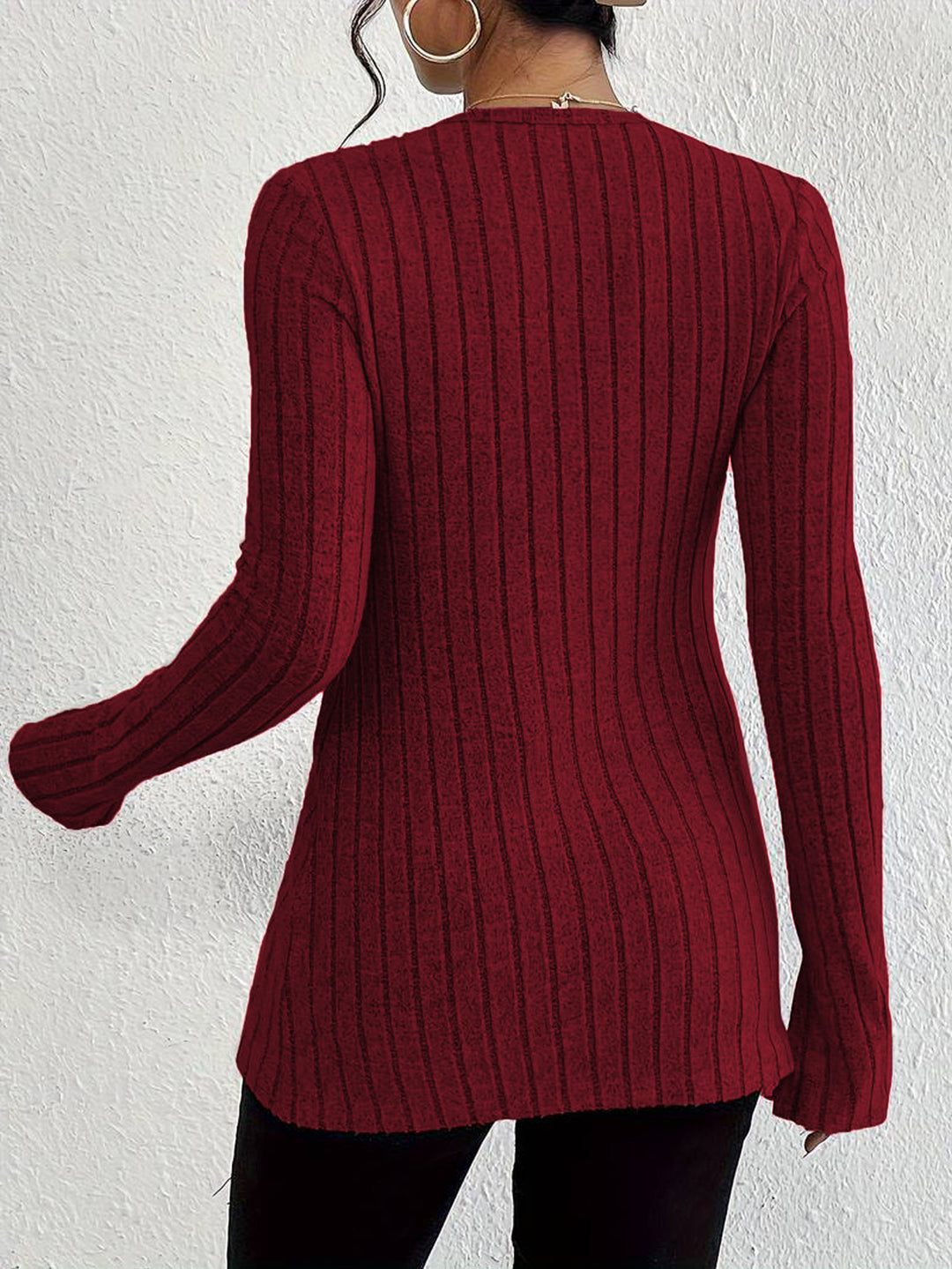 Wine Full Sleeved V-Neck Front Slit Top