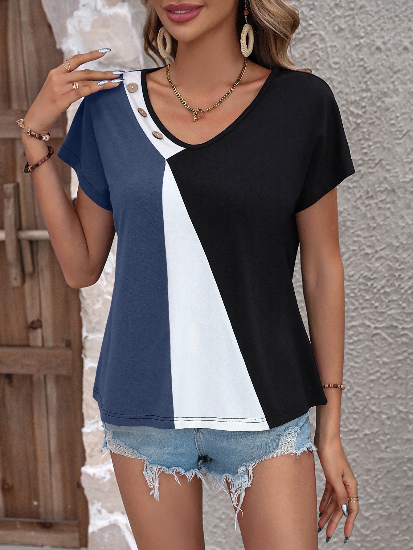 Shop Blue Colour Block Neck Detail Top - for Women | OUTZIDR