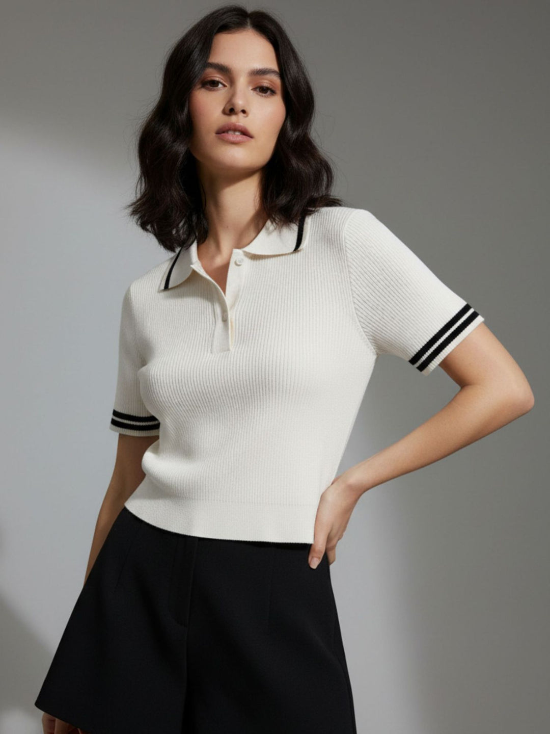 White Contrast Tipping Polo Flat Knit Top