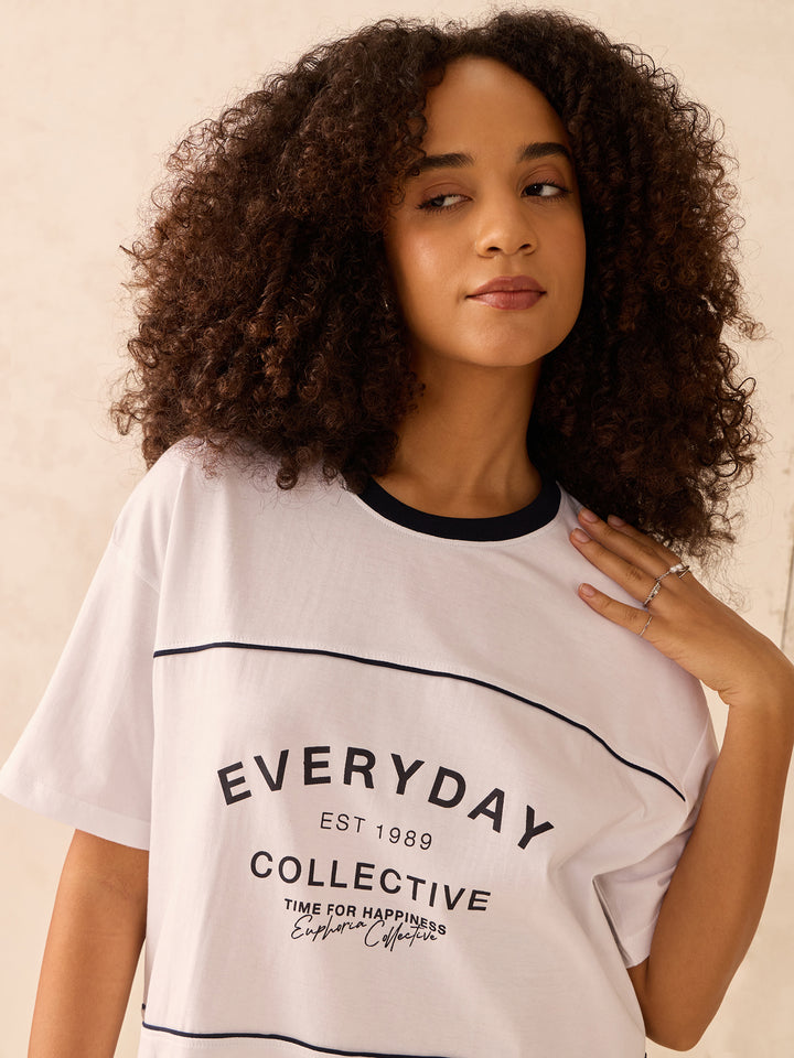 Navy Blue Oversized T-Shirt With Graphic And Cut & Sew Highlights