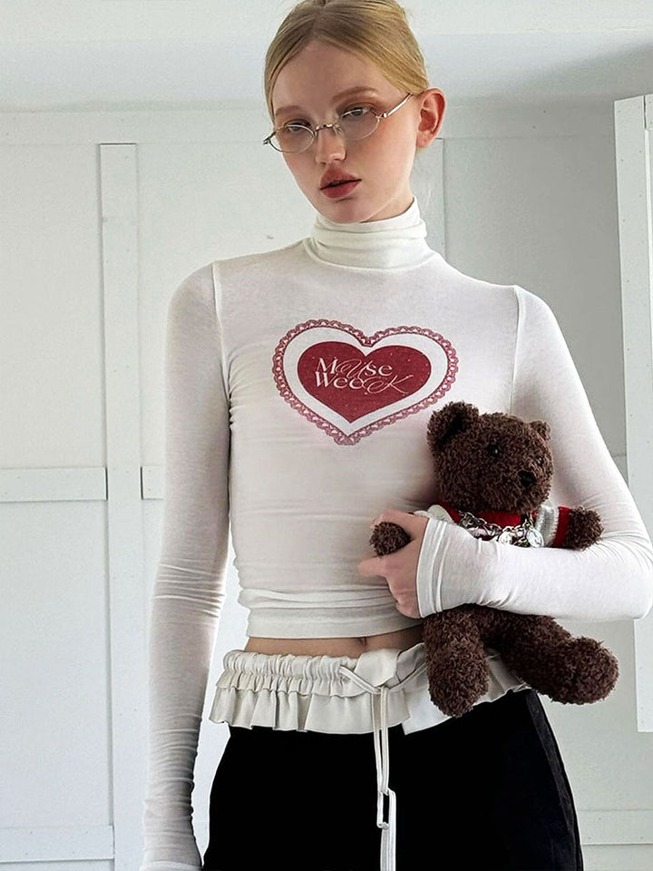 White Heart Graphic Print Fitted Top