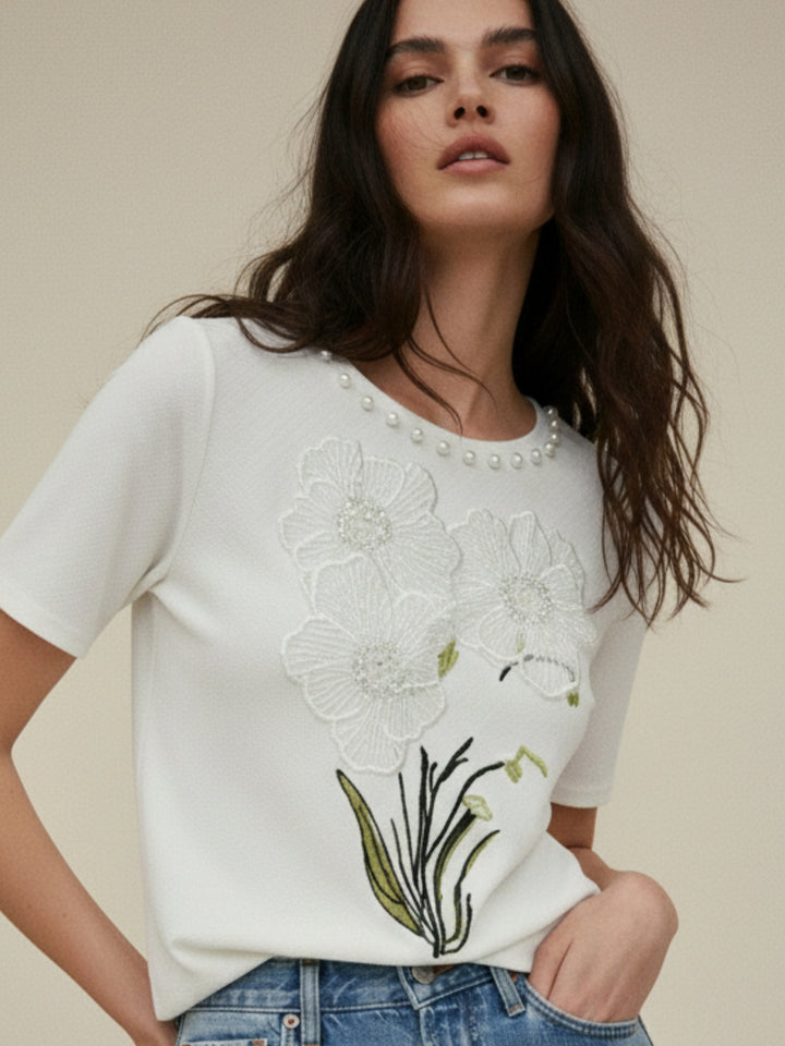 White Embellished Floral Graphic T-Shirt