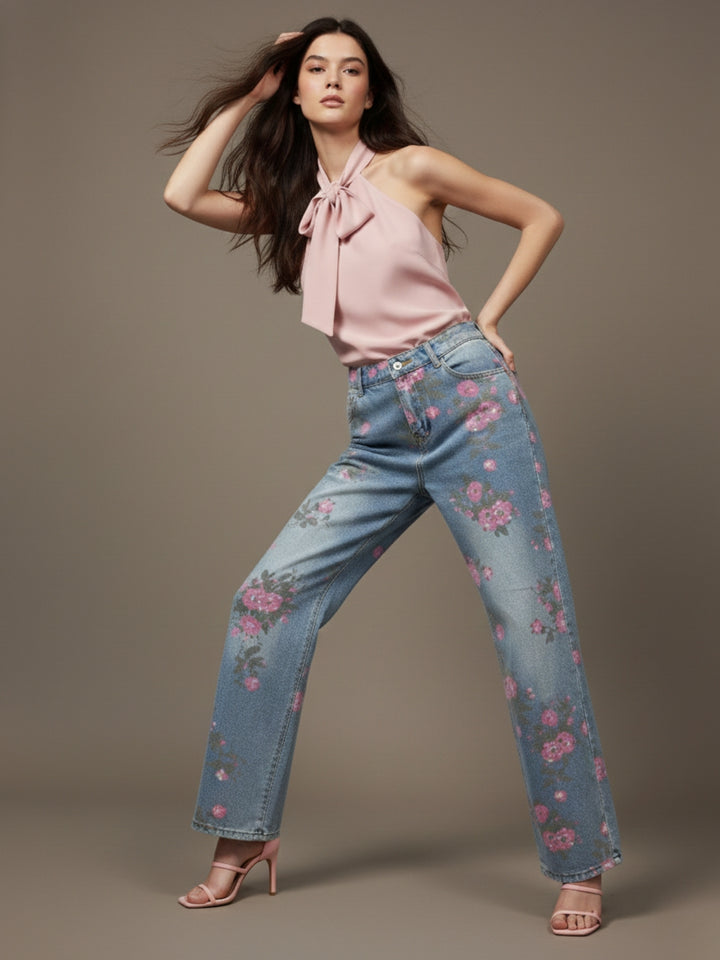 Light Blue High Waist Printed Jeans