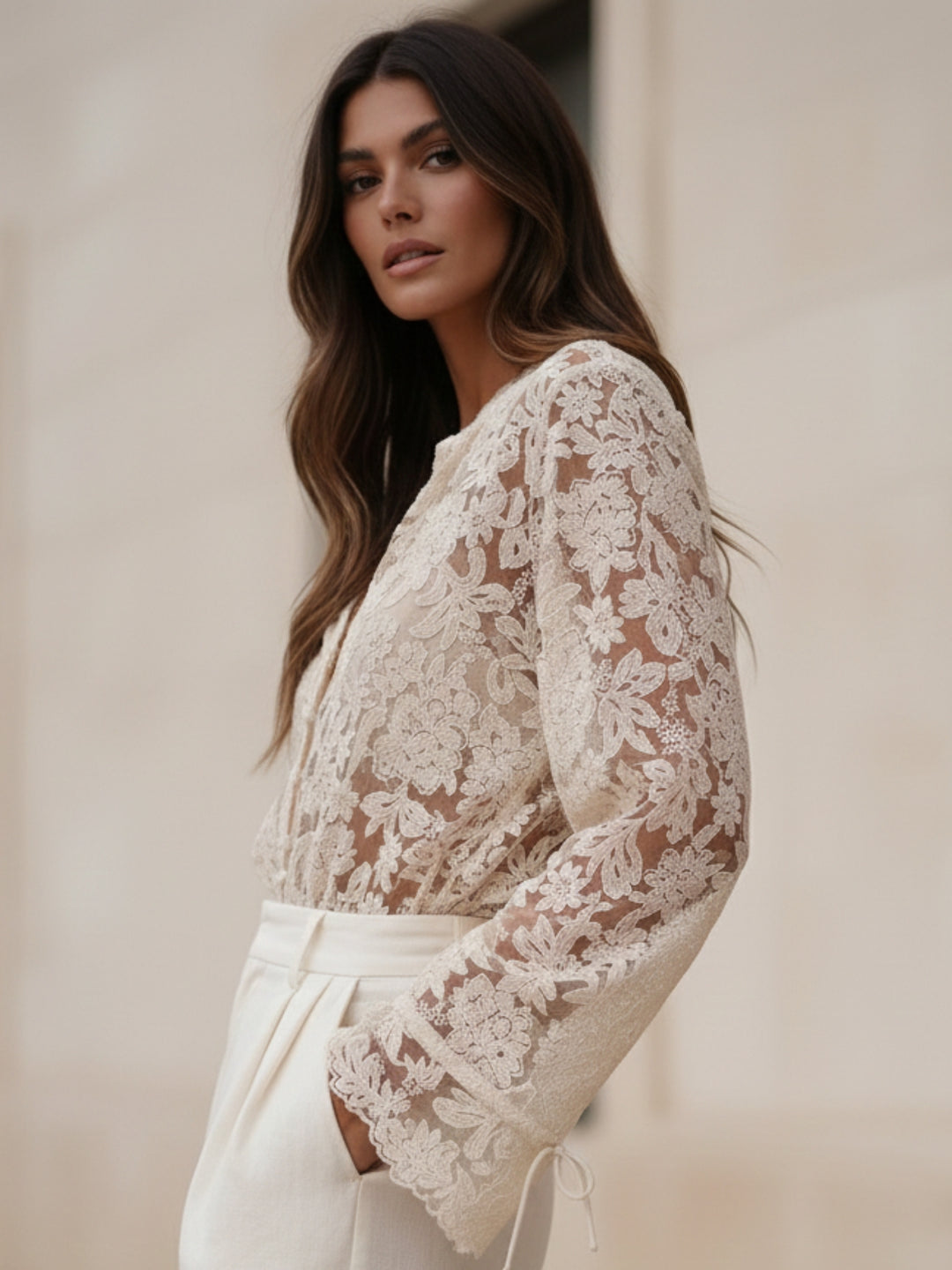 Cream Bell Sleeve Textured V Neck Mesh Top