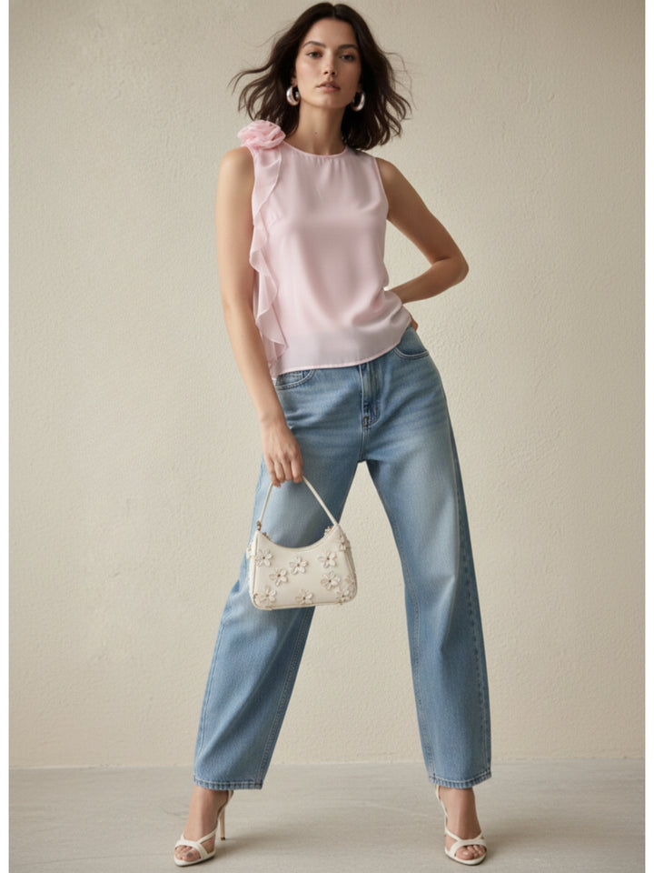 Pink Elegant Sleeveless Blouse With Ruffle And Corsage Detail