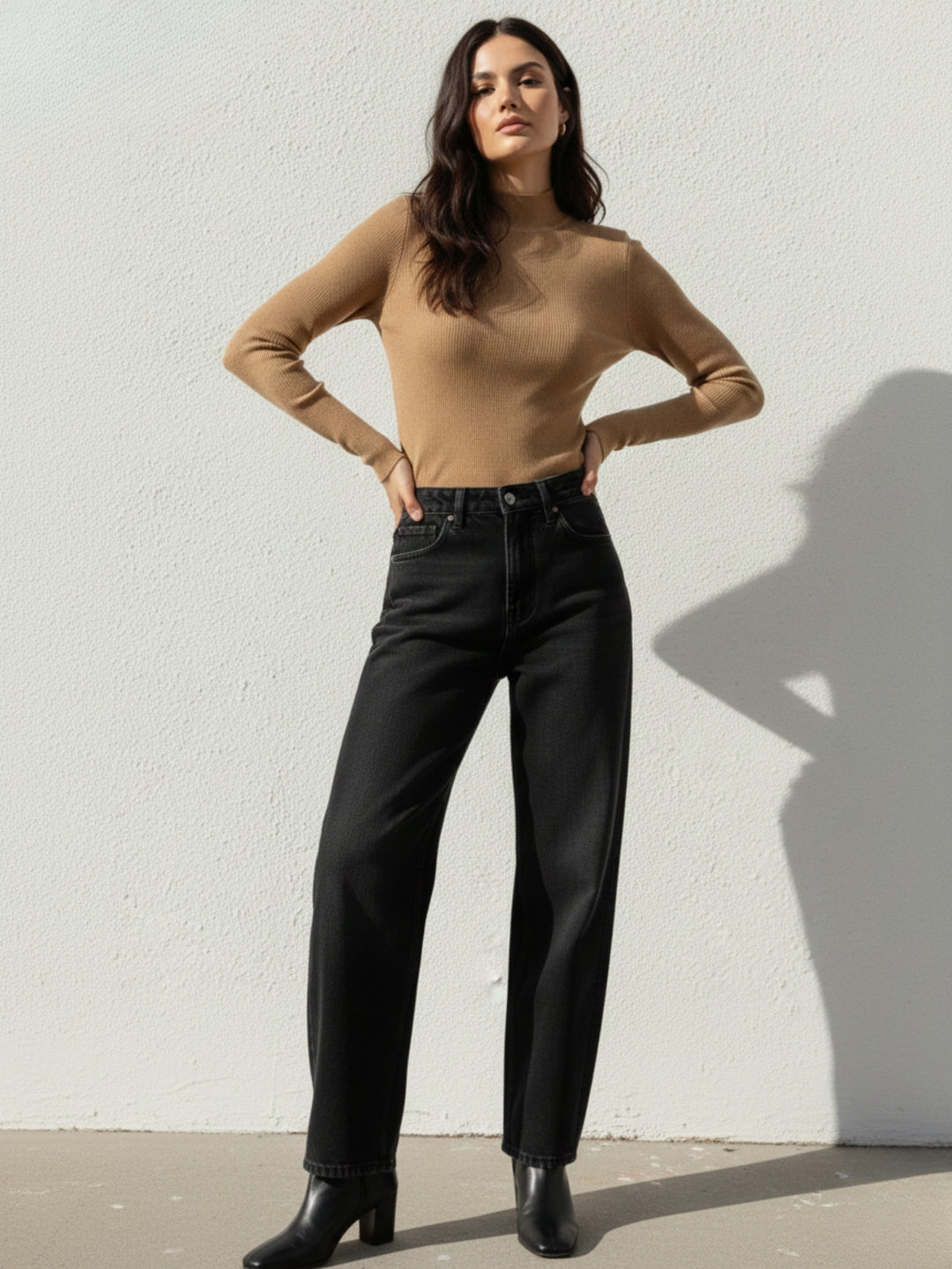 Beige Full Sleeve Mock Neck Fitted Sweater