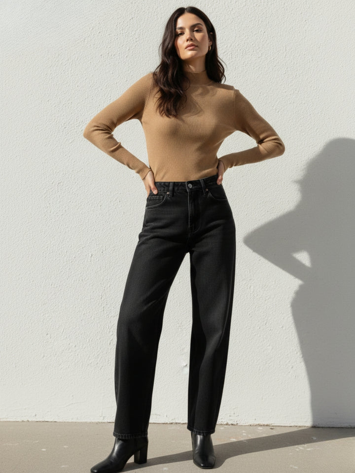 Beige Full Sleeve Mock Neck Fitted Sweater