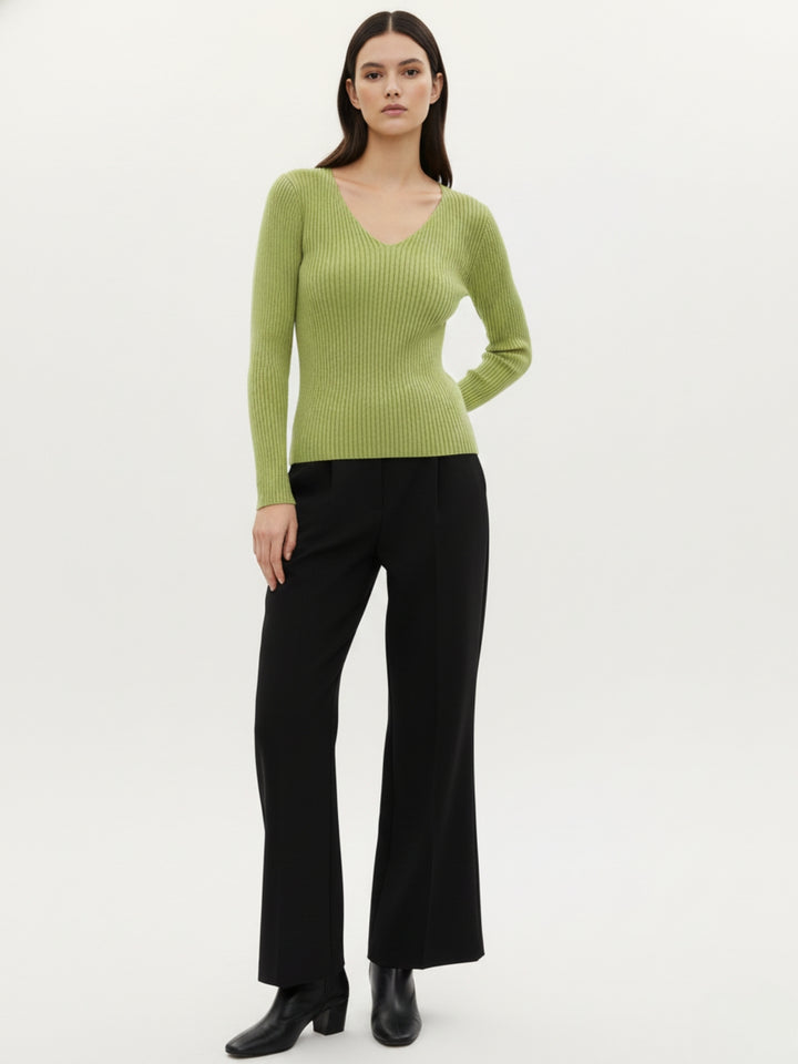 Light Green Full Sleeve V Neck Fitted Top