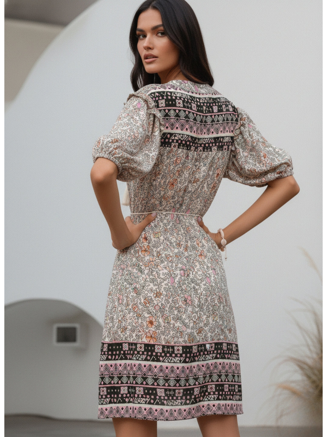 Multi Puff Sleeve Tie-Up Printed Dress