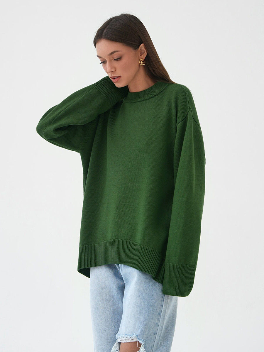 Green Relaxed High Neck Solid Sweater