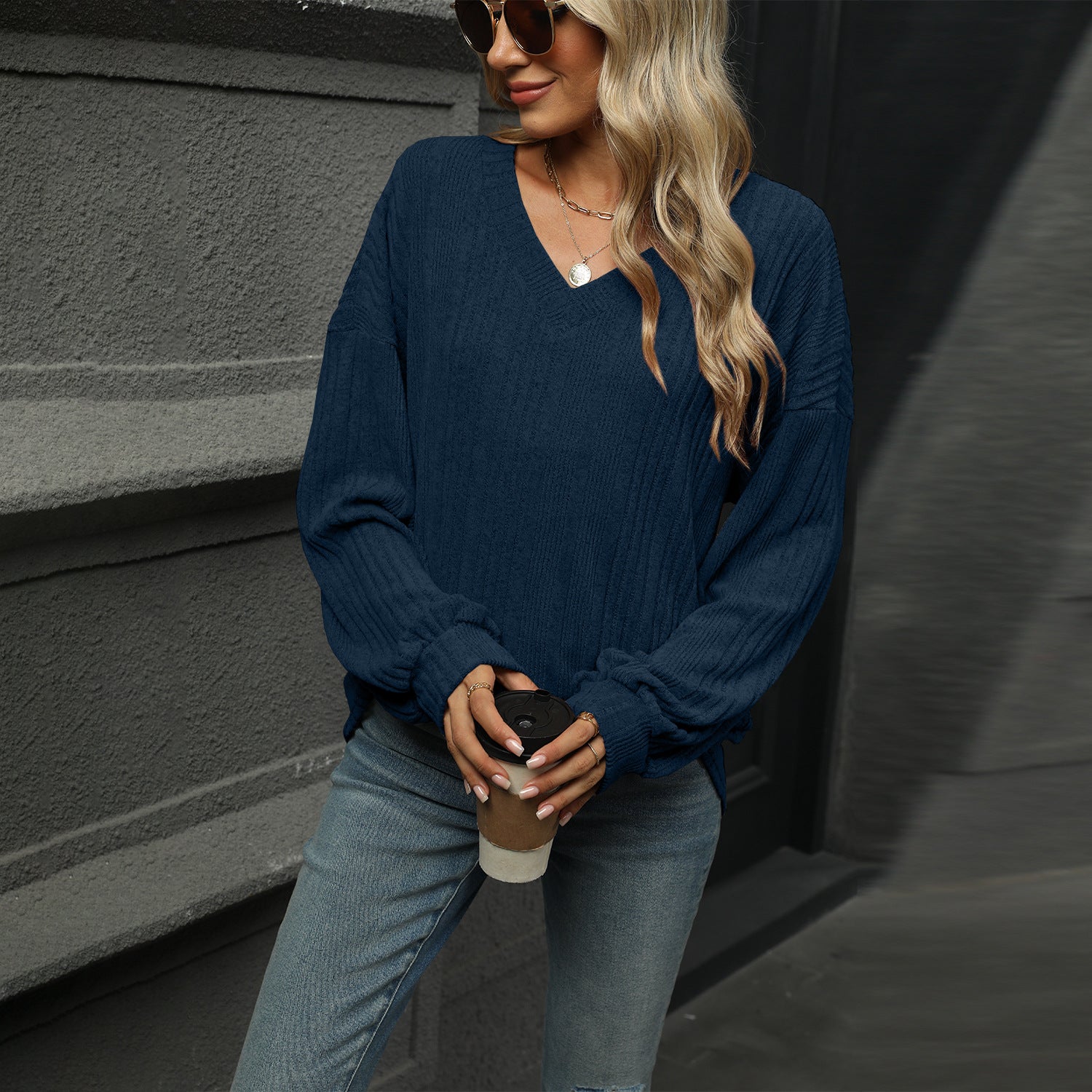 Navy Blue Bishop Sleeve Solid Relaxed Top