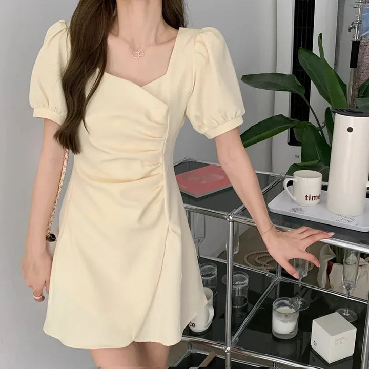 Beige Sweatheart Neck Waist Gathered Skater Dress
