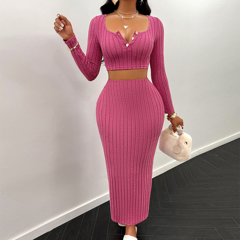 Red Rib Fitted Crop Top With Skirt