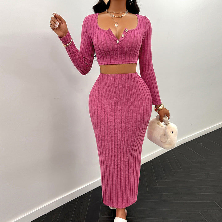 Red Rib Fitted Crop Top With Skirt