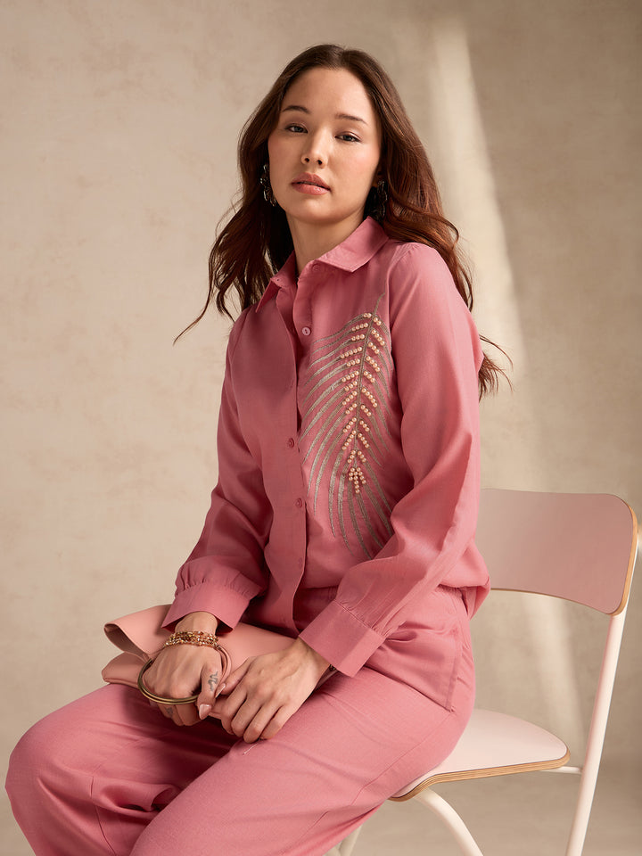 Rust Embellished Coord Set With Oversized Shirt And Wide Leg Trouser
