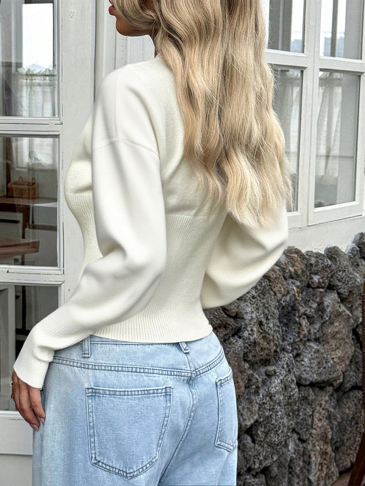 White Full Sleeve V  Neck Solid Cardigan
