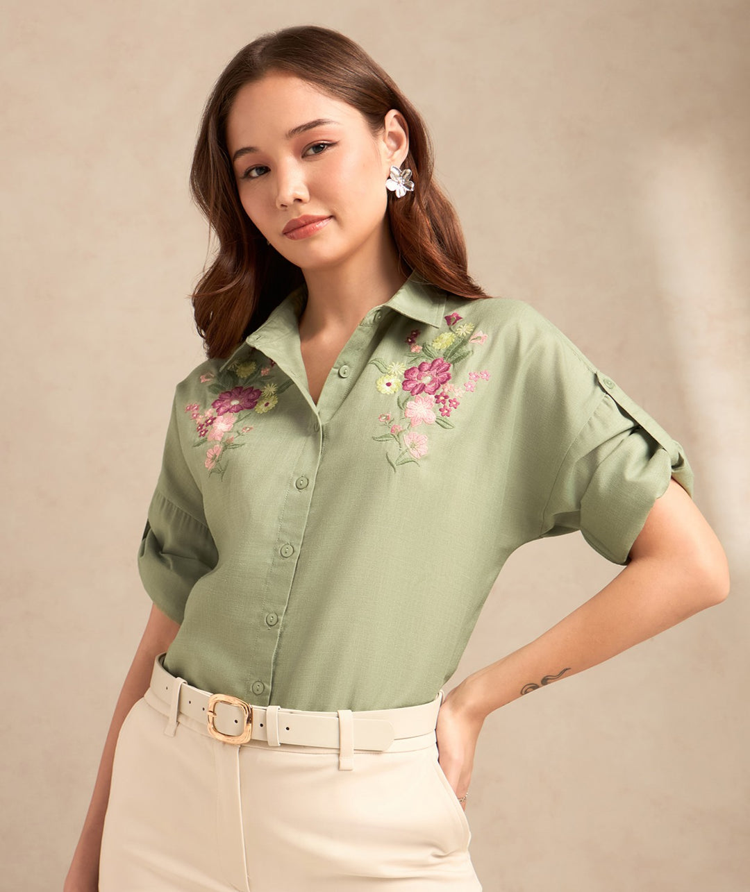 Green Floral Embroidered Shirt With Drop Shoulder
