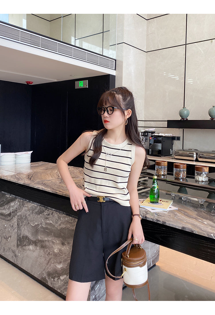 Off White Sleeveless Basic Striped Tank Top