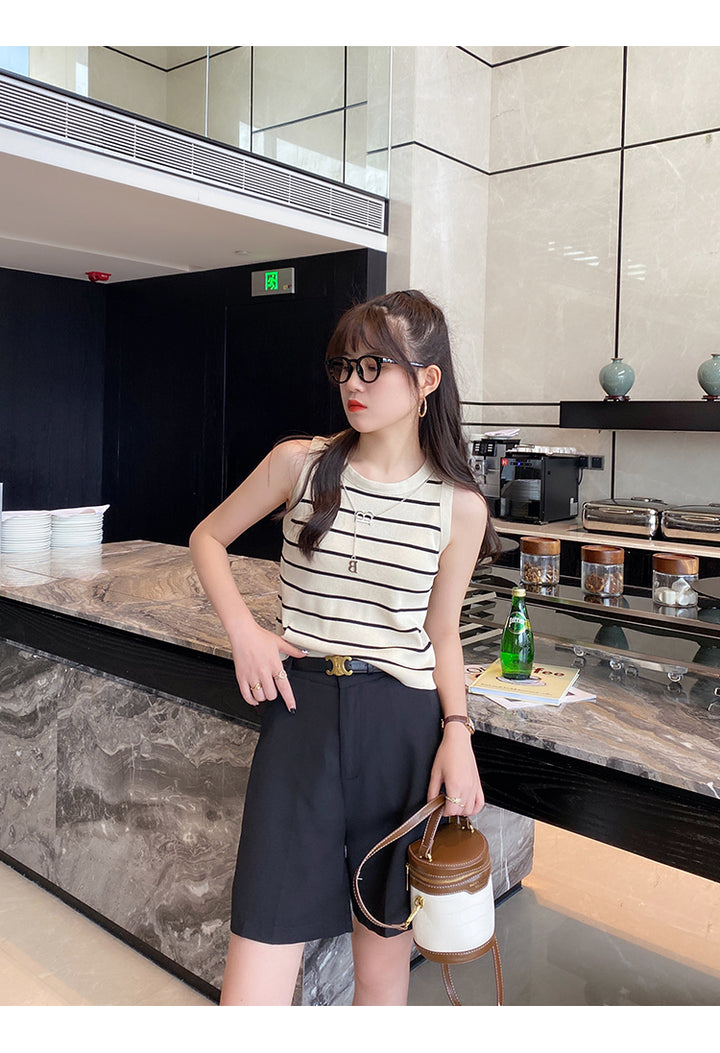 Off White Sleeveless Basic Striped Tank Top