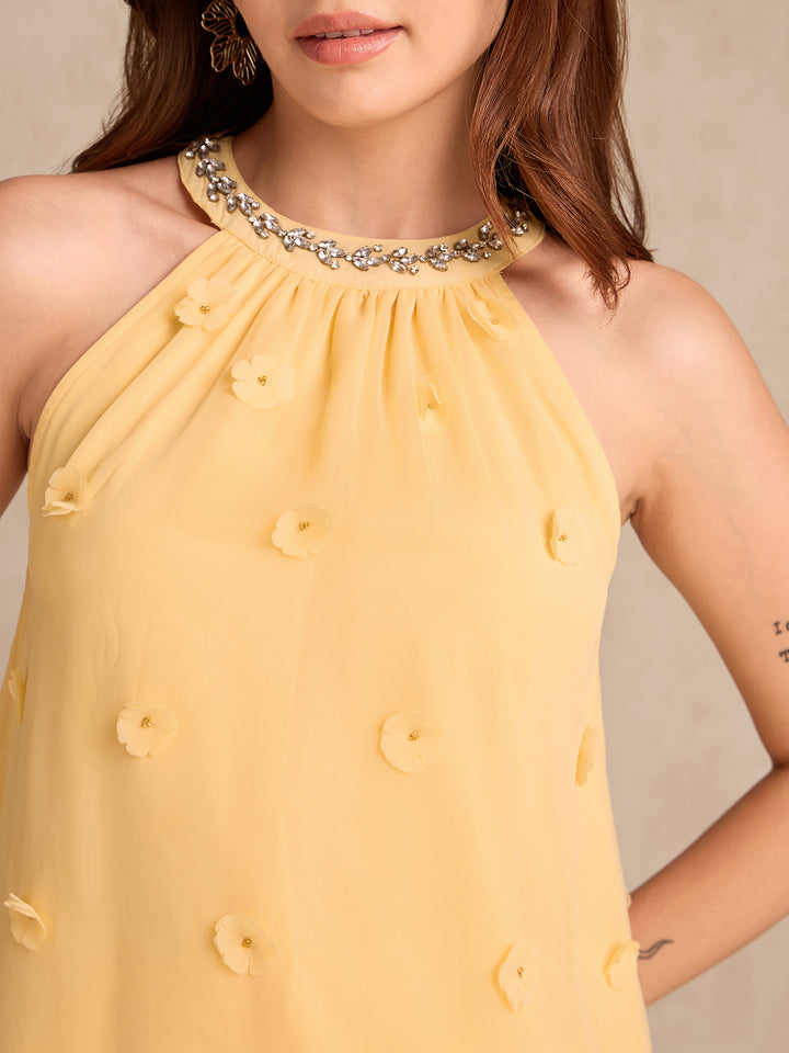 Yellow Halter Neck Top In 3D Floral Embellished Fabric