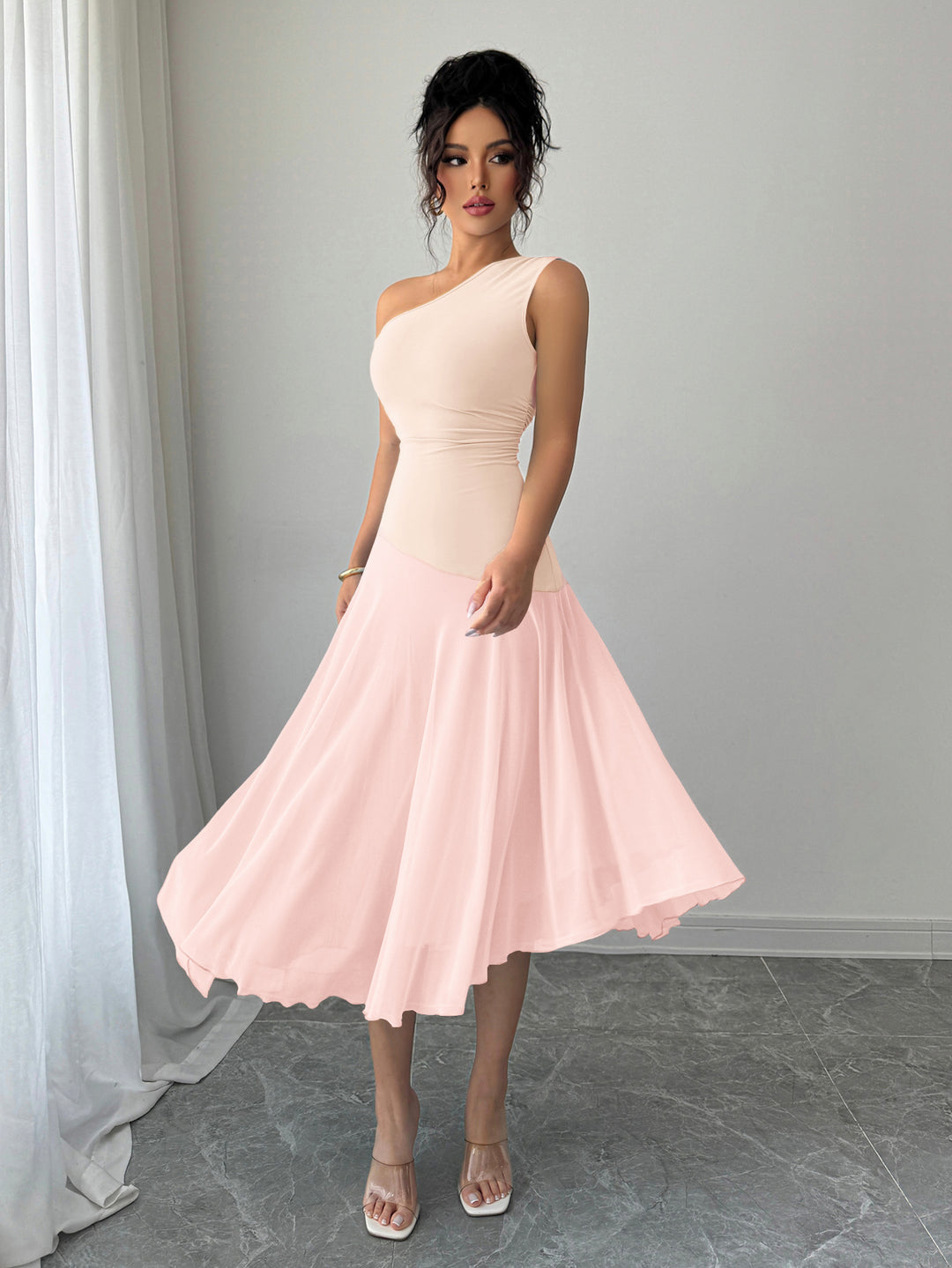 Pink One Shoulder Sleeveless Pleated Dress