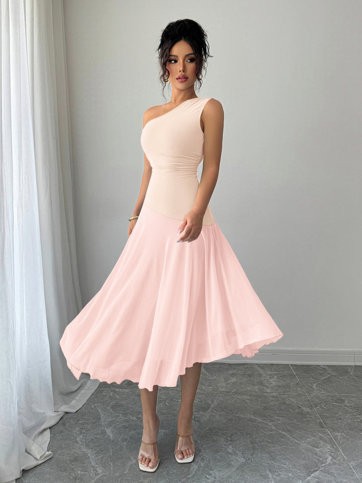 Pink One Shoulder Sleeveless Pleated Dress