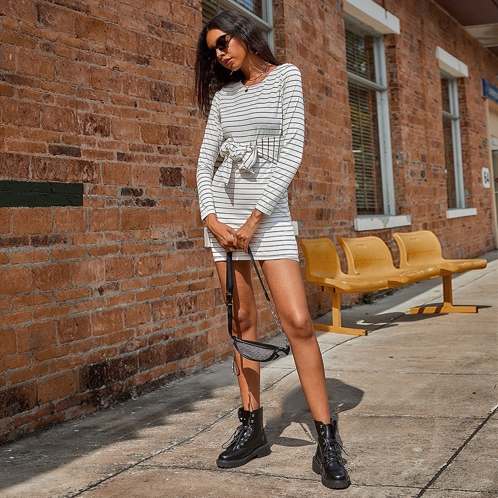 White Full Sleeve Front Tie Dress