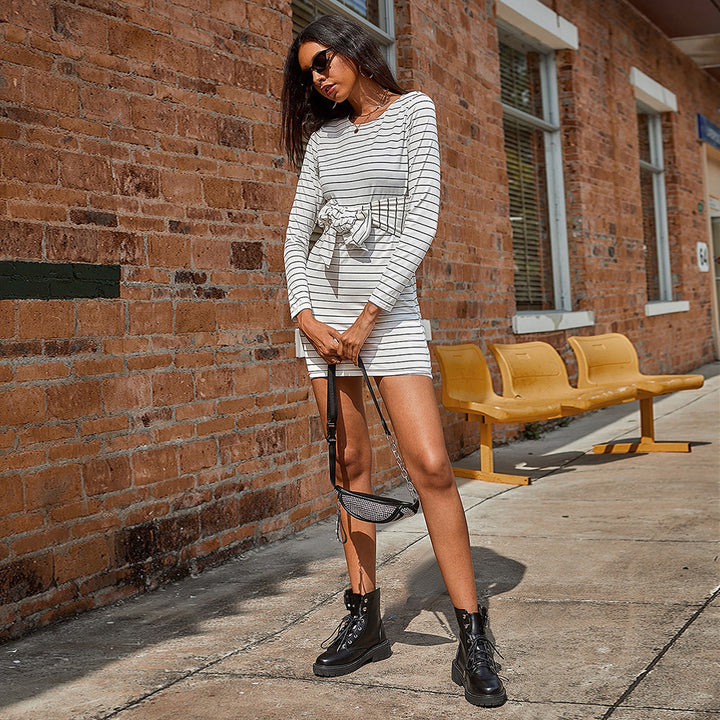 White Full Sleeve Front Tie Dress