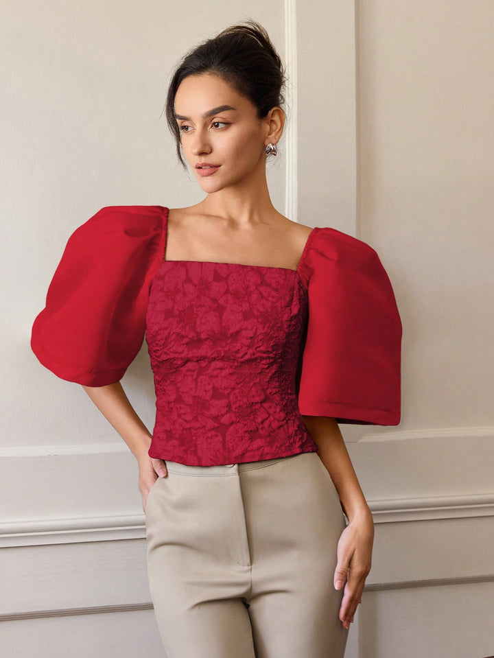 Red Floral Textured Fitted Top