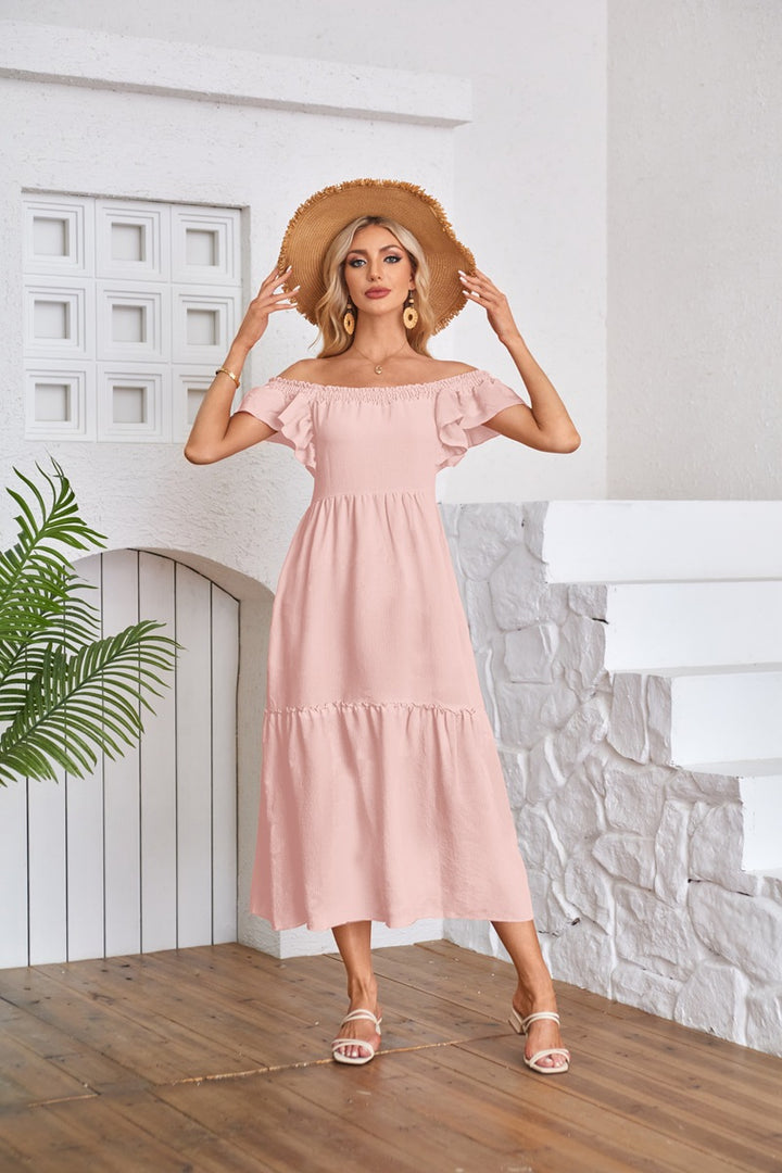 Pink Solid Flutter Sleeved Empire Waist Smocked Dress