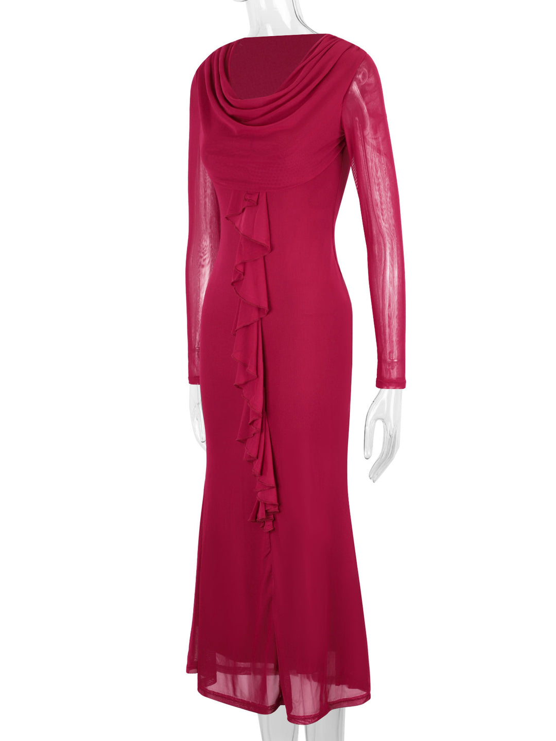 Maroon Full sleeve front ruffle v neck dress