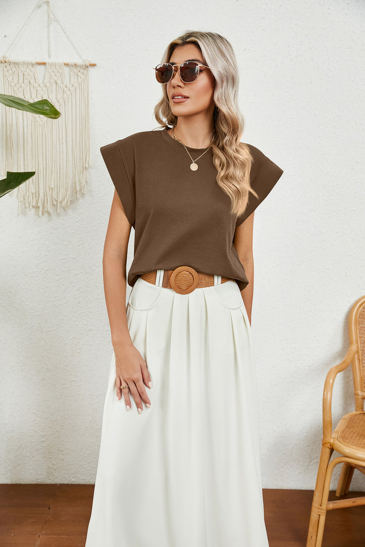 Brown Short Sleeves Round Neck Top