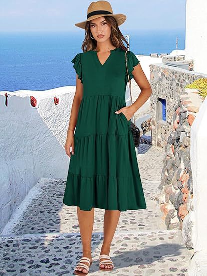 Green High V Neck Tiered Dress With Pockets