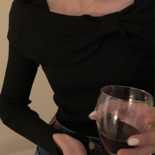 Black Flat Knit Bow Top