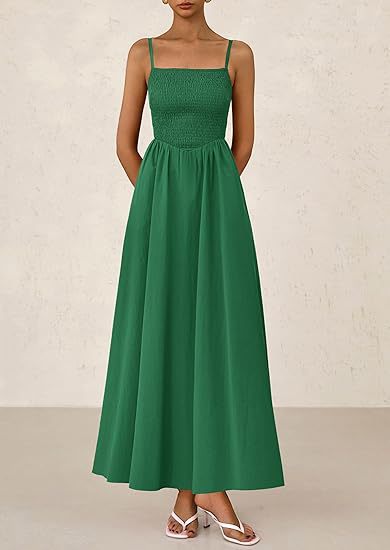 Green Strappy Square Neck Cinched Waist Dress With Pockets