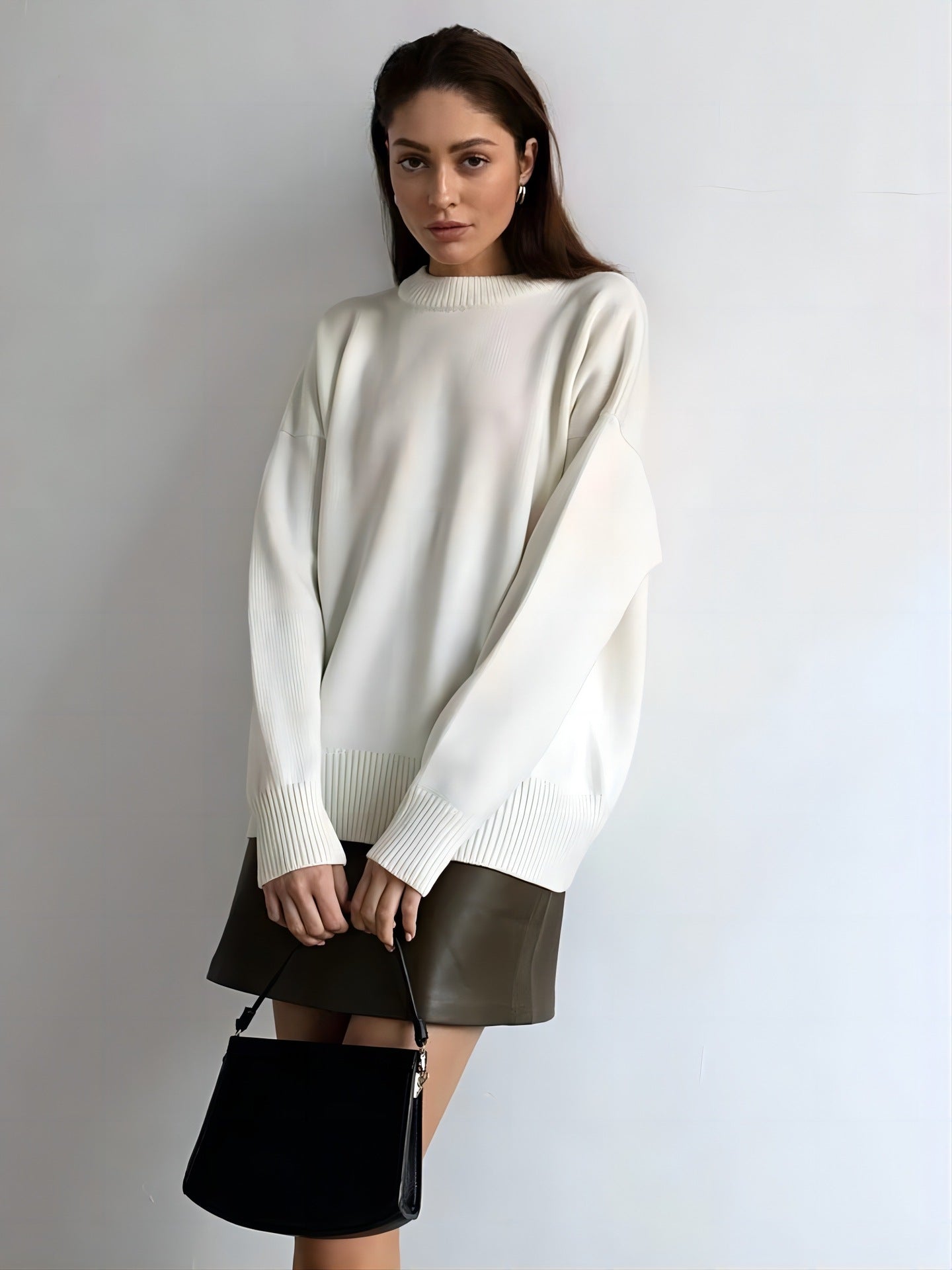 White Relaxed High Neck Solid Sweater