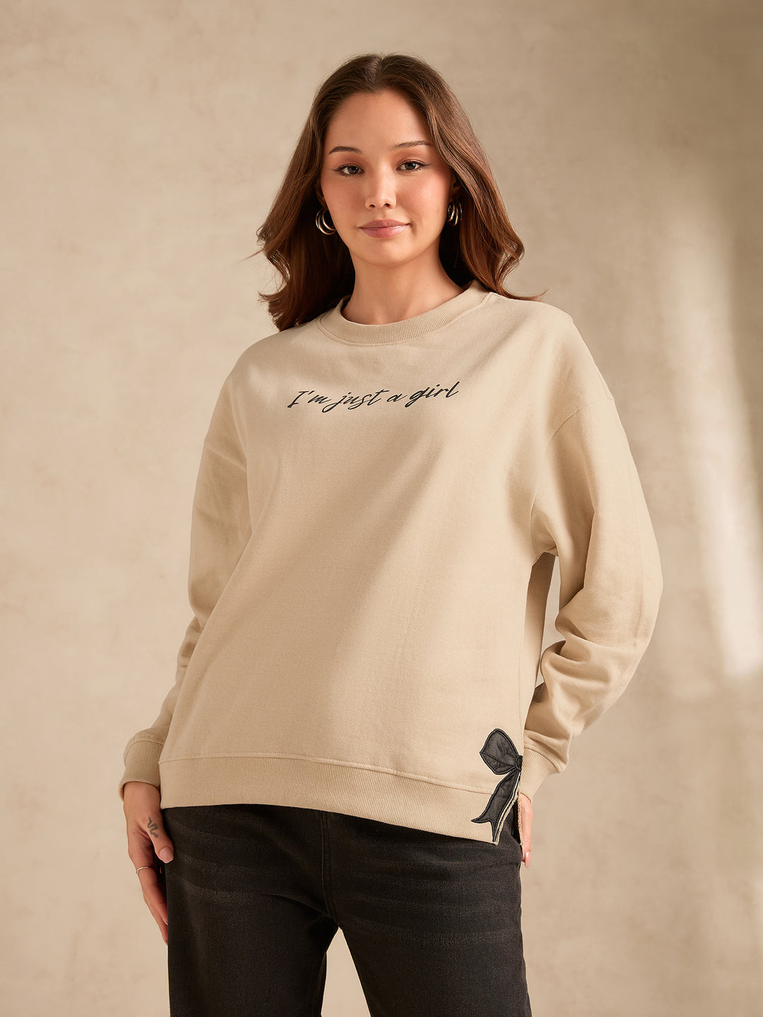 Beige Typographic Bow Sweatshirt