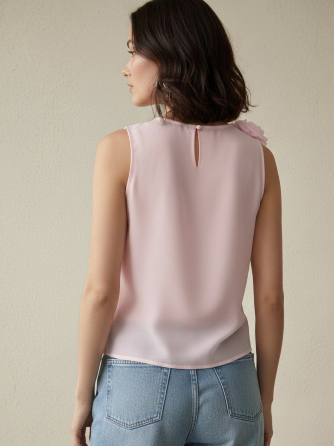 Pink Elegant Sleeveless Blouse With Ruffle And Corsage Detail