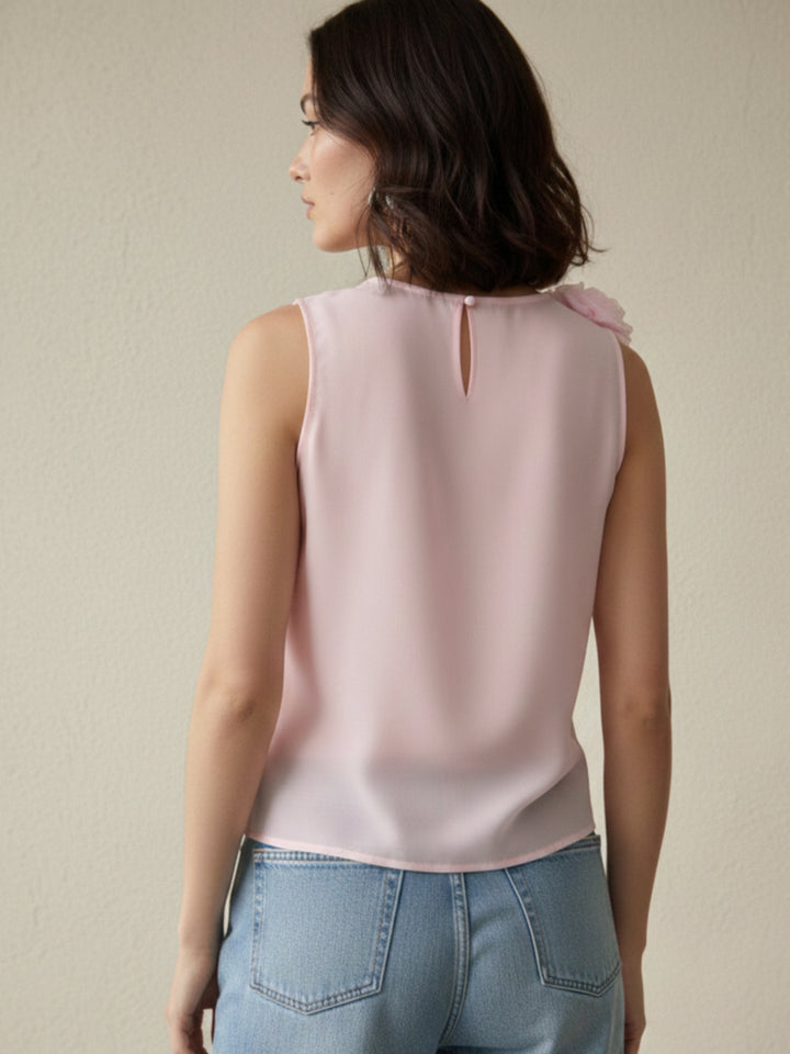 Pink Elegant Sleeveless Blouse With Ruffle And Corsage Detail