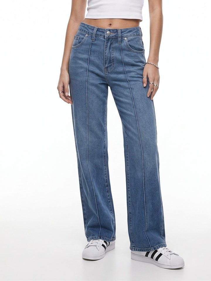 Blue Clean Washed Wide Leg Jeans With Seam Detail