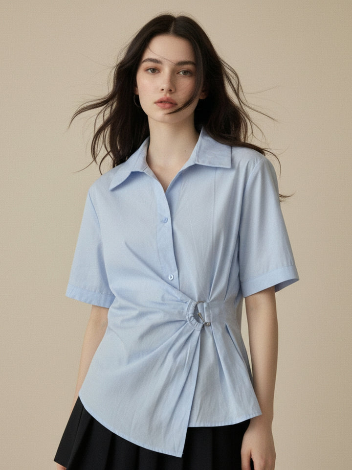Light Blue Waist Belted Front Buttoned Shirt