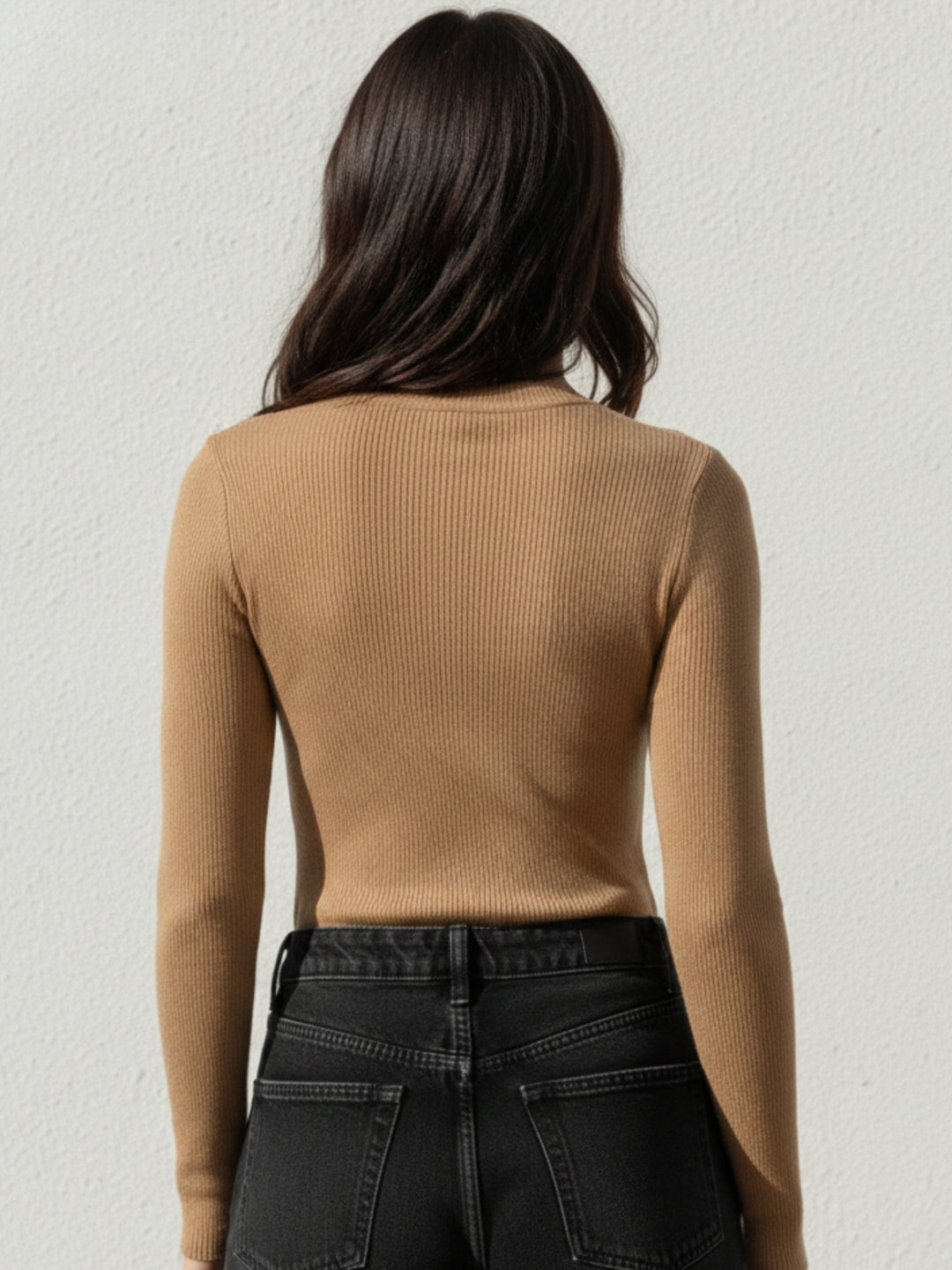 Beige Full Sleeve Mock Neck Fitted Sweater