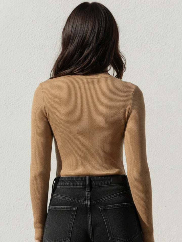 Beige Full Sleeve Mock Neck Fitted Sweater