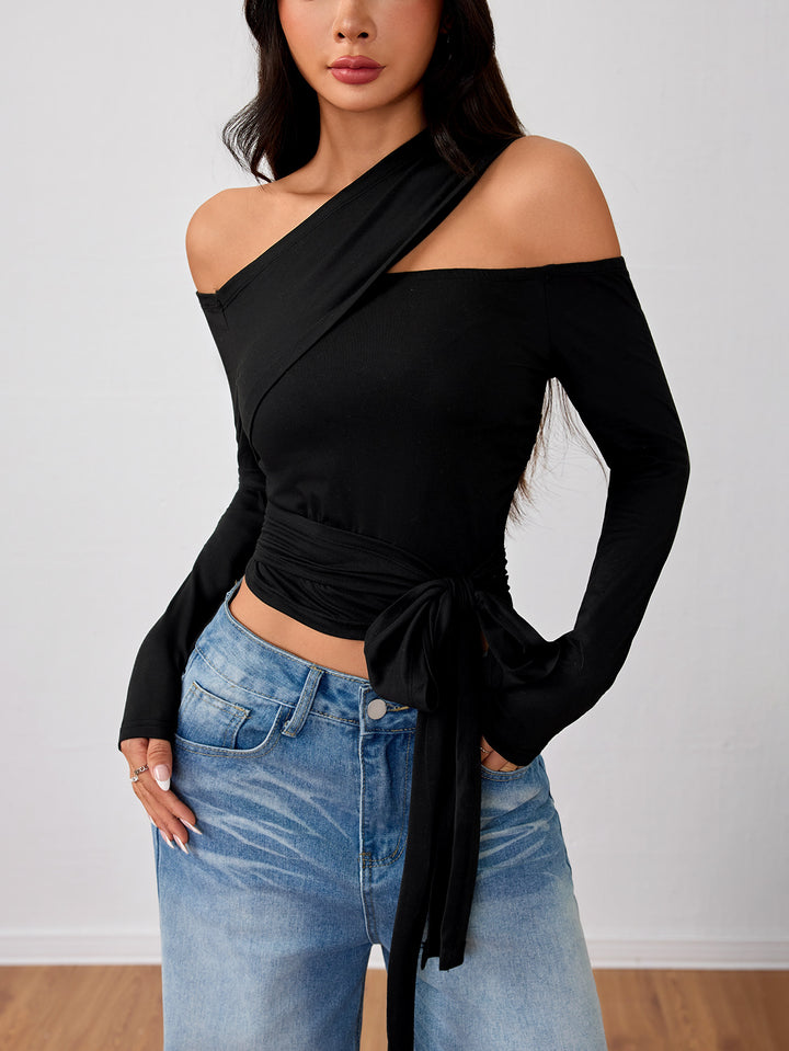 Black One Shoulder Full Sleeve Tie-Up Top