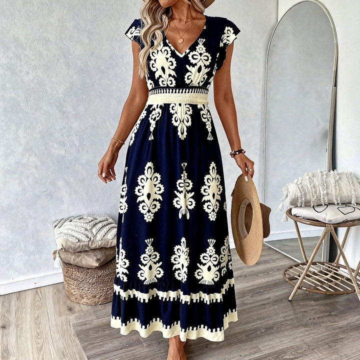 Blue Short Sleeve V Neck Printed Flared Dress