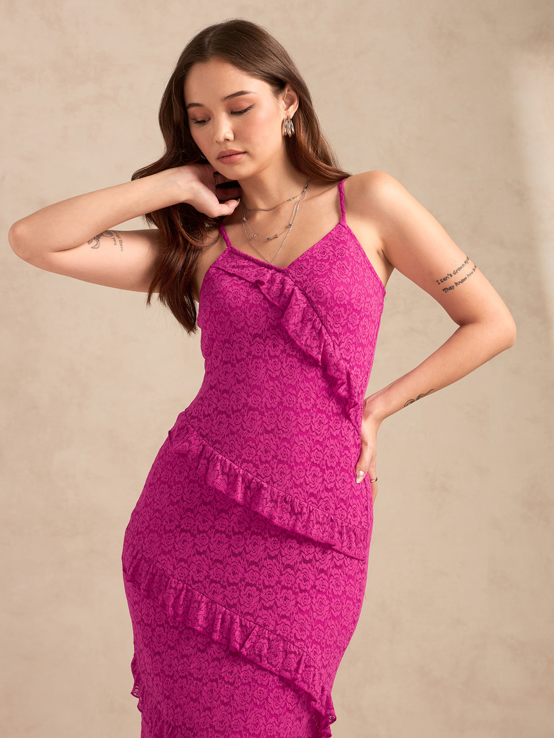 Pink Maxi Length Strap Lace Dress