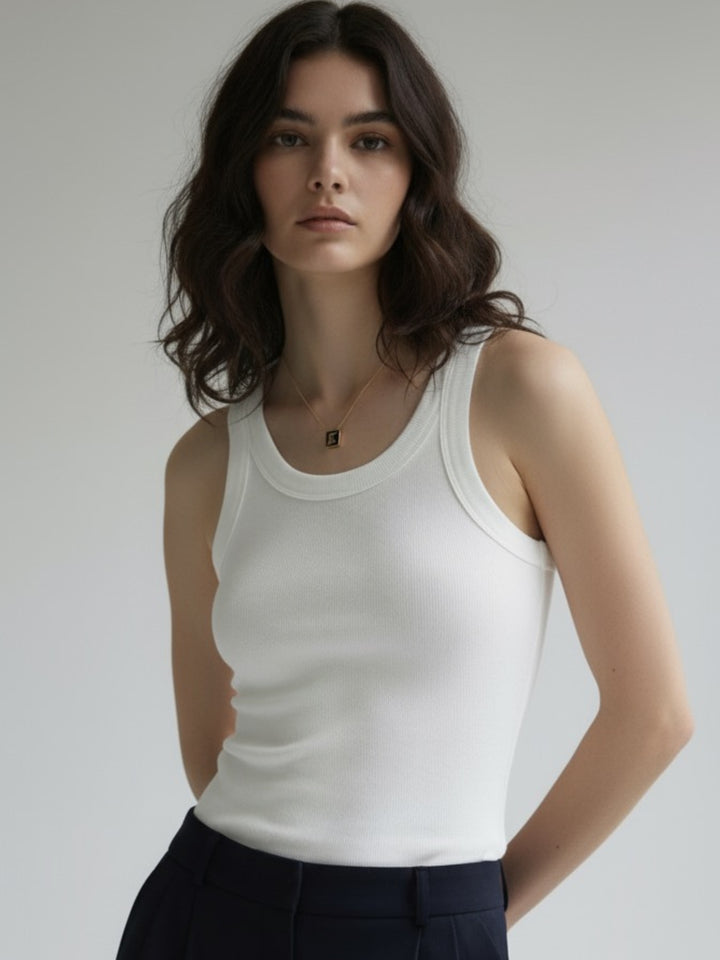 White Solid Ribbed Tank Top